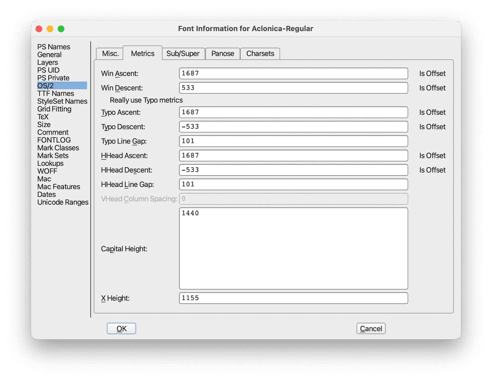 Ảnh chụp màn hình hộp thoại Font Information (Thông tin phông chữ) trong FontForge. Hộp thoại này hiển thị các chỉ số phông chữ như "Typo Ascent" (Độ cao của kiểu chữ), "Typo Descent" (Độ dốc của kiểu chữ) và "Typo Line Gap" (Khoảng cách giữa các dòng của kiểu chữ).