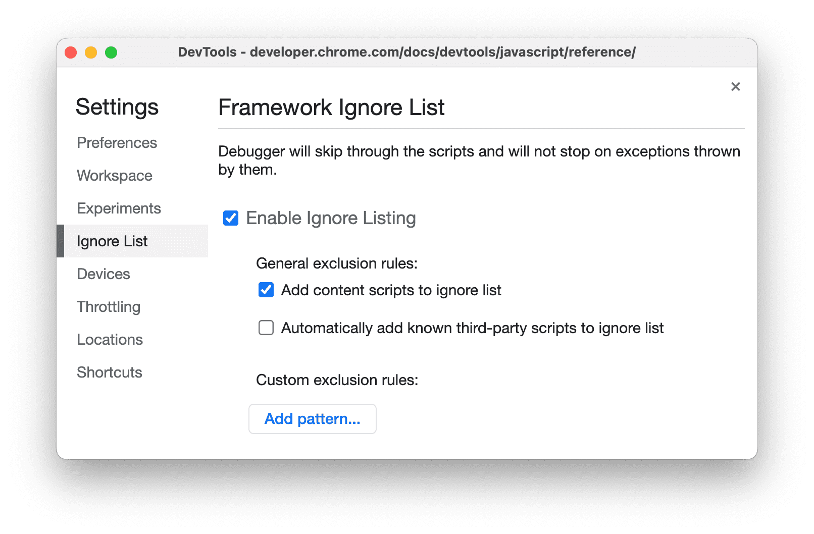 एक्सटेंशन कोड को अनदेखा करने के लिए, DevTools की सेटिंग.