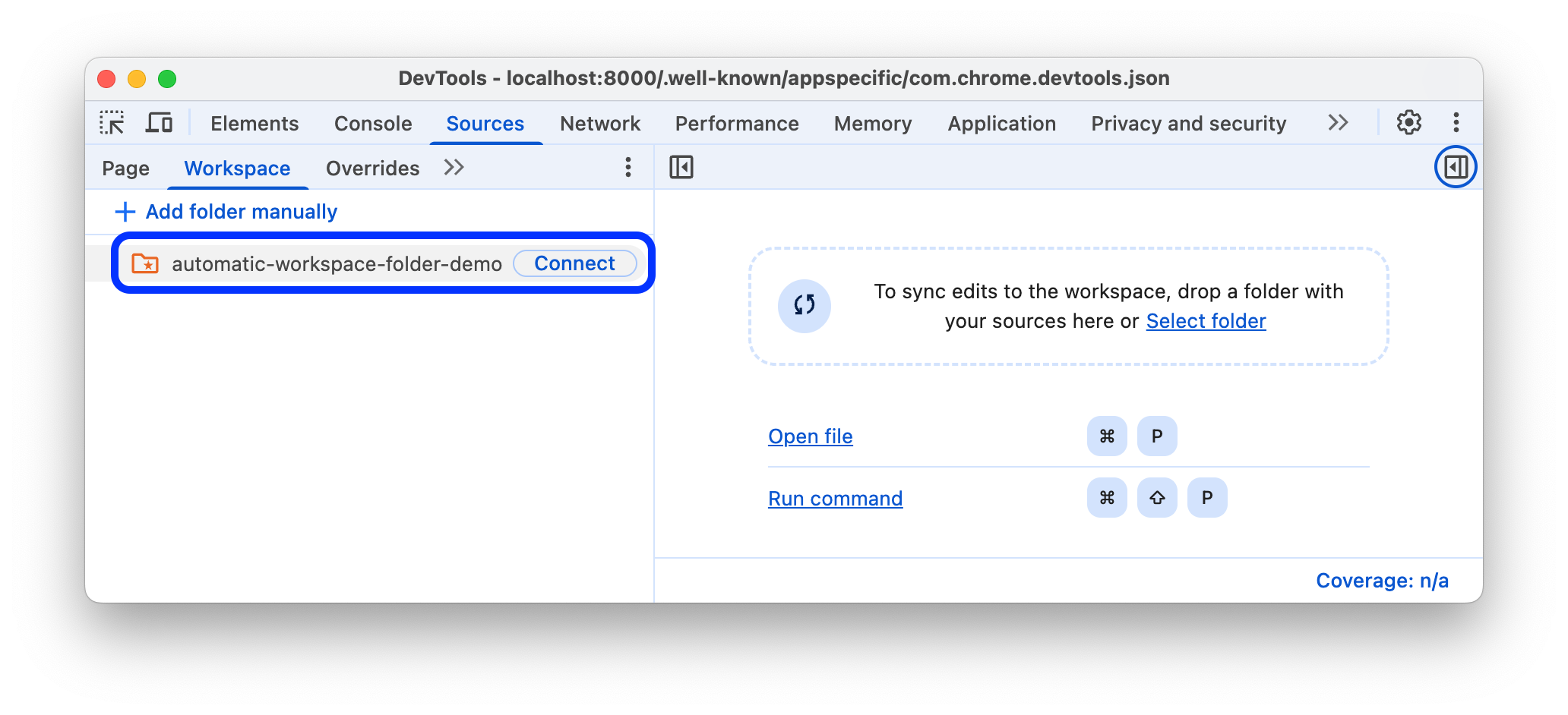 Die Schaltfläche „Verbinden“ neben dem Ordner auf dem Tab „Workspace“.
